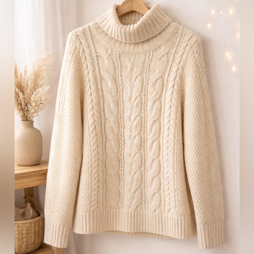 L.L. Bean Fisherman Cream Wool Blend Classic Cable Knit Turtleneck Sweater M